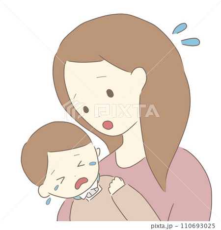 大泣きする医療的ケア児と心配するママ(気管切開) 110693025