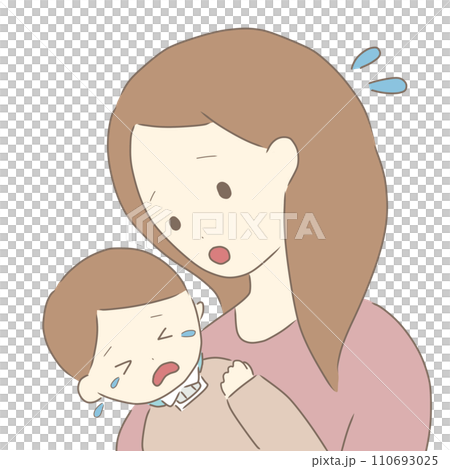 大泣きする医療的ケア児と心配するママ(気管切開) 110693025