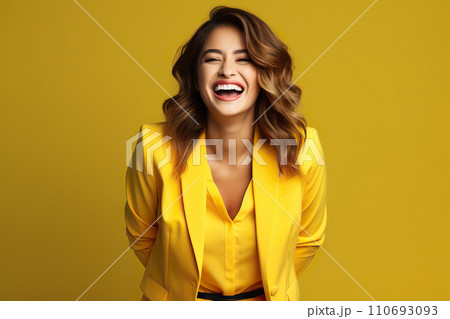 Joyful Young Businesswoman in Vibrant Attire Laughing and Smiling Against a Luminous Solid Backdrop. created with Generative AI 110693093