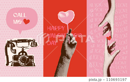 Vintage set of Valentine's day greeting cards or stories covers with Halftone hands and retro telephone. Contemporary Valentine Creative Collage with romantic quotes. Vector mixed media illustration 110693197