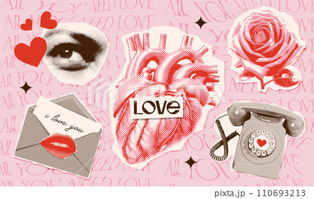 Set of retro halftone Valentine day torn out paper stickers elements of human heart, eye, love letter, rose and retro telephone. Trendy collage vector illustration 110693213