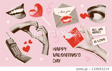 Valentine day Halftone torn out collage elements set with groovy heart shapes, eyes, hands, mouth. Gift, love letter, retro cellphone, lollipop. Trendy vintage collage vector illustration Valentine day Halftone torn out collage elements set with groovy heart shapes, eyes, hands, mouth. Gift, love letter, retro cellphone, lollipop. Trendy vintage collage vector illustration 110693214