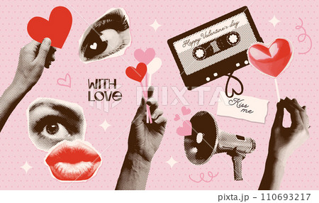 Halftone retro collage elements set in trendy punk grunge style. Paper sticker collection with dotted hand, heart, eye, mouth, loudspeaker. Concept of relationship, love, romance, Valentines day. Halftone retro collage elements set in trendy punk grunge style. Paper sticker collection with dotted hand, heart, eye, mouth, loudspeaker. Concept of relationship, love, romance, Valentines day. 110693217