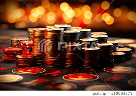 Roulette Riches A Glittering Casino Table adorned with Red and Gold Chips - A Gamblers Paradise. created with Generative AI 110693275
