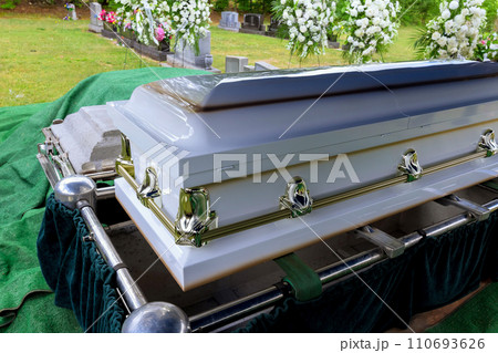 At funeral memorial service, coffin will be with deceased At funeral memorial service, coffin will be with deceased 110693626