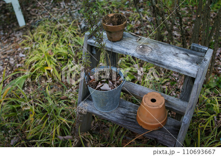 庭先に置かれた使われなくなった古い植木鉢 110693667