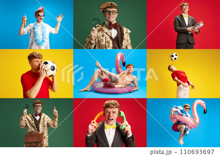 Collage made of different portraits of young man wearing different clothes, in various situations and with diverse emotions over multicolored background 110693697