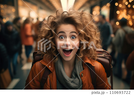 Surprised American Girl Amidst the Bustling Shops Shopping Mall Wonders. created with Generative AI 110693722