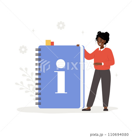 User manual concept. African female character with huge guidebook. Woman search information and reading instruction. FAQ or customer support. Vector illustration in flat cartoon style 110694080