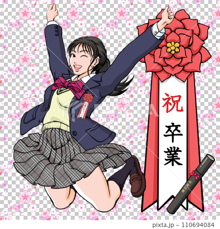 Celebrating Graduation_High school girls jumping while cheering in the cherry blossom snowstorm_Wink Celebrating Graduation_High school girls jumping while cheering in the cherry blossom snowstorm_Wink 110694084
