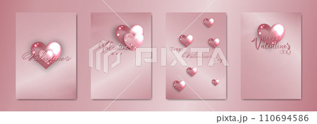 Happy Valentines day set card. Glowing pink glass hearts on gold rose paper background. Holiday poster with text, jewels. Concept for Valentines banner, flyer, party invitation, jewelry gift shop Happy Valentines day set card. Glowing pink glass hearts on gold rose paper background. Holiday poster with text, jewels. Concept for Valentines banner, flyer, party invitation, jewelry gift shop 110694586
