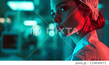 Portrait of a female doctor in glasses standing in a modern hospital 110694671