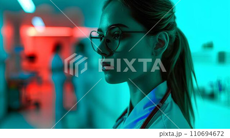 Portrait of a female doctor in glasses standing in a modern hospital 110694672