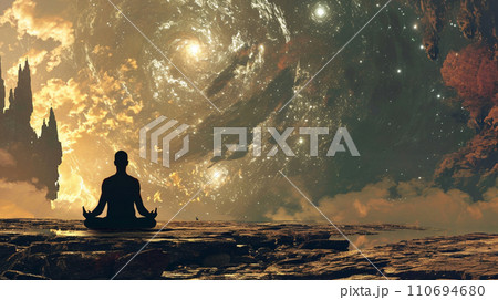 【AI生成画像・AIイラスト】瞑想する男と銀河 110694680
