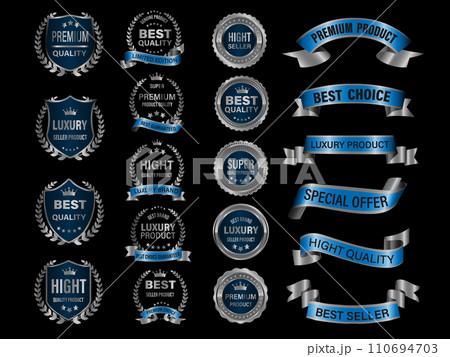 Silver blue luxury premium quality label badges on black background vector 110694703