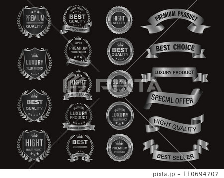 Silver luxury premium quality label badges on grey background Silver luxury premium quality label badges on grey background 110694707