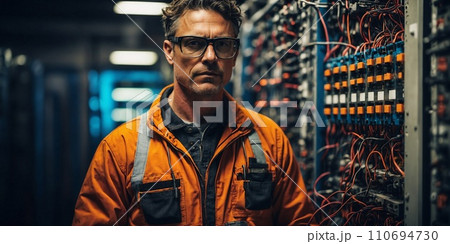 AI-generated content. Electrician in Uniform Checking Electrical Installations Near Electrical Control Panel AI-generated content. Electrician in Uniform Checking Electrical Installations Near Electrical Control Panel 110694730