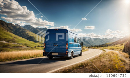 AI-generated content. Postal Car Driving on a Mountain Road on a Sunny Day 110694732