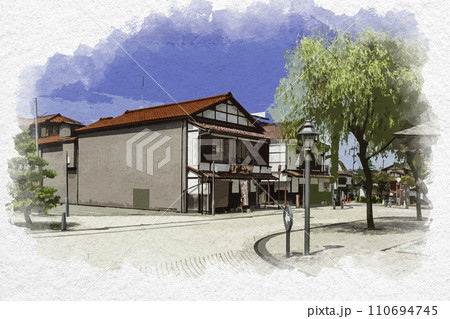 水彩画風　山代温泉　温泉街　石川県加賀市 110694745