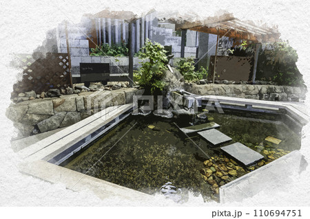 水彩画風　山代温泉　源泉足湯　石川県加賀市 110694751