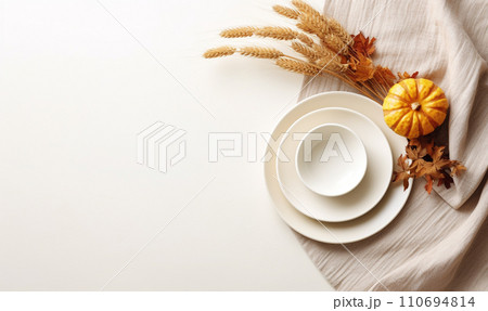 AI-generated content. Autumn cozy minimal table set, flat lay withcopy space 110694814