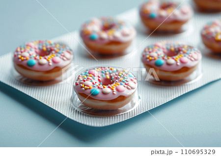 Pill blister with donuts instead of pills. Sugar addiction, diabetes, obesity, overweight, weight loss medical treatment. Unhealthy food, anti-stress comfort food, sweet drugs, medicaments and sweets 110695329