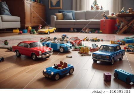 messy childrens room, a lot of toys and things scattered on floor room, dirty home 110695381