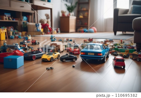 messy childrens room, a lot of toys and things scattered on floor room, dirty home 110695382