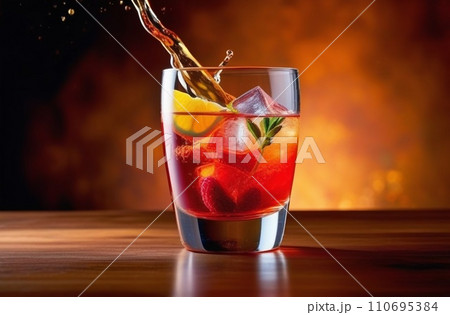 colorful cocktail in glass with splashes and lemon on dark background. splash of drink from a glass with reflection colorful cocktail in glass with splashes and lemon on dark background. splash of drink from a glass with reflection 110695384