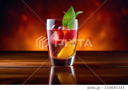 colorful cocktail in glass with splashes and lemon on dark background. splash of drink from a glass with reflection 110695385