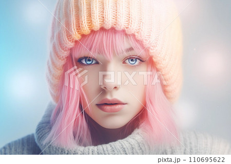 Pink hair young woman portrait in winter hat Pink hair young woman portrait in winter hat 110695622