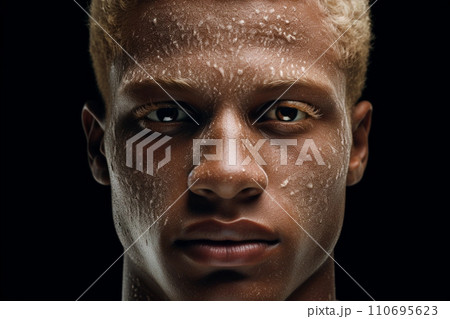 Blond black young man portrait with neon painted face Blond black young man portrait with neon painted face 110695623
