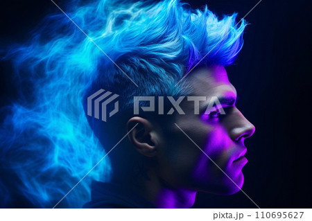Blond young man portrait with neon painted face 110695627