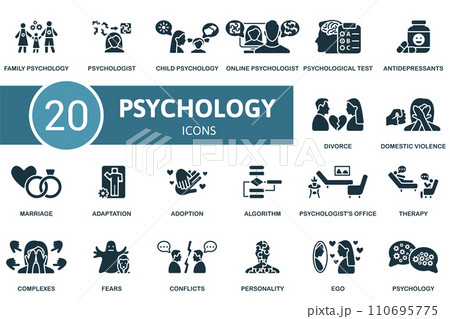 Psychology icons set. Creative icons: family psychology, psychologist, child psychology, online psychology, psychological test and more 110695775