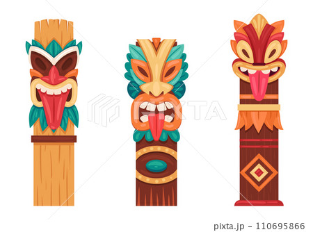 Aboriginal wooden statues. Tiki pole totems, ritual hawaiian and african traditional carving sculptures flat vector illustration set. Ethnic indigenous pole totems 110695866