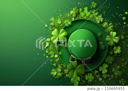 AI-generated content. Traditional green hat and clover leaves for Patricks day on green background. View from above. Copy space. Happy Saint Patricks day. 110695955