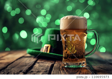 AI-generated content. Patrick Day green beer and green hat on blurred green leprechaun background. Festive traditional beverage. AI-generated content. Patrick Day green beer and green hat on blurred green leprechaun background. Festive traditional beverage. 110695973