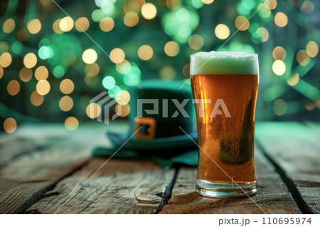 AI-generated content. Patrick Day green beer and green hat on blurred green leprechaun background. Festive traditional beverage. AI-generated content. Patrick Day green beer and green hat on blurred green leprechaun background. Festive traditional beverage. 110695974