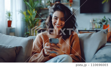 AI-generated content. Woman Sitting on Couch, Engrossed in Cell Phone 110696003