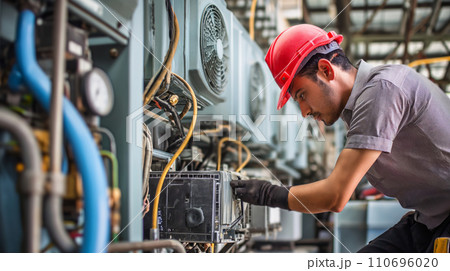 AI-generated content. Man in Hard Hat Working on Machine, Construction Worker at Job Site 110696020