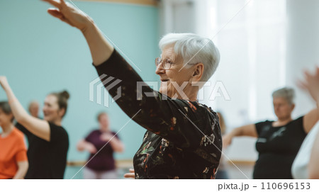 AI-generated content. Group of People in Dance Class, Learning, Movement, Exercise, Social, Fun, Fitness, Instruction, Choreography, Studio, Activity 110696153