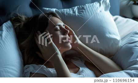 AI-generated content. Woman Resting Comfortably in Bed, Eyes Closed, Peacefully Asleep, Relaxing 110696154