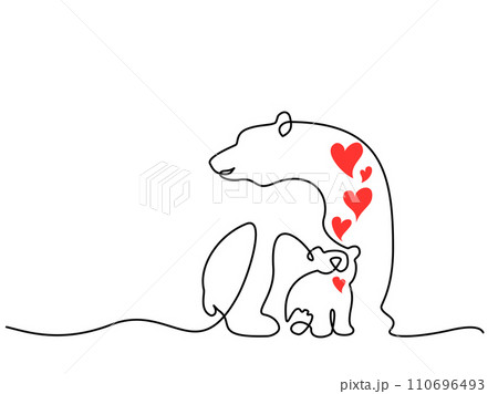 Continuous one line drawing. Polar bear with baby cub 110696493
