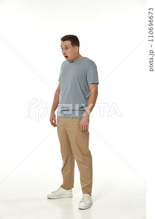 surprised guy looking at camera on white studio background surprised guy looking at camera on white studio background 110696673
