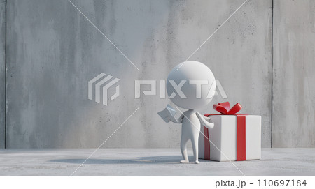 Gifted Elation: White Stick Figure Unwraps Joy Against Concrete Backdrop. Generative AI	 110697184