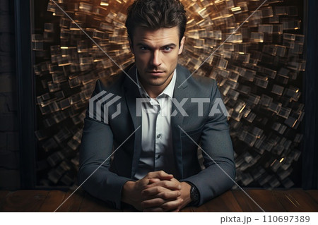 A man in a business suit is sitting at the table. 110697389