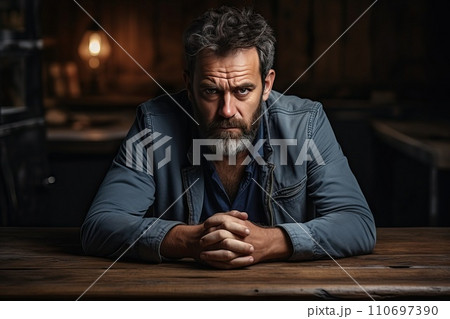 Sad man sitting at the table, emotional and depressed state of a person. 110697390