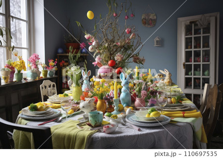 Easter festive spring table setting decoration, bunny ears shaped napkins, dyed eggs,flowers. Banner 110697535