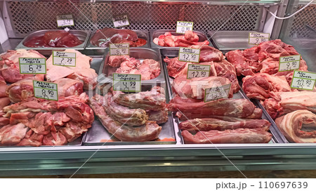 Shop of meat products. Meat products store. Wide selection of meat product Shop of meat products. Meat products store. Wide selection of meat product 110697639