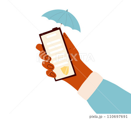 Exchange of documents with secured system technological platform. Online mobile signing confidentiality contract. Hand with phone and umbrella and business paper sign. 110697691